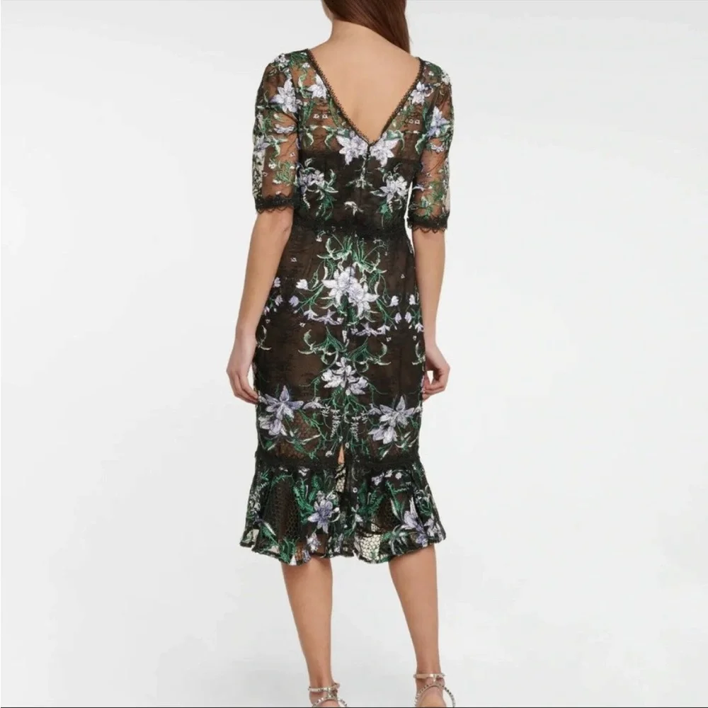 Marchesa Notte Black Floral Lace Embroidered Midi Dress 8 - Picture 4 of 13